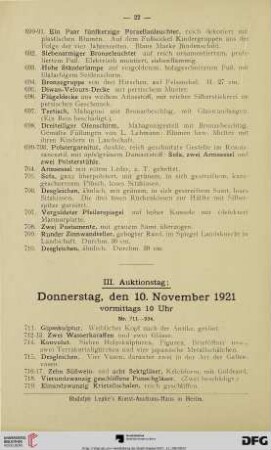 III. Auktionstag: Donnerstag, den 10. November 1921 (Nr. 711-934)