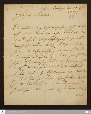 Brief von Gotthilf August Francke an Anna Magdalena Francke.