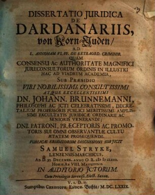 Diss. iur. de dardanariis, von Korn-Juden : ad l. annonam VI. ff. de extraord. criminib.