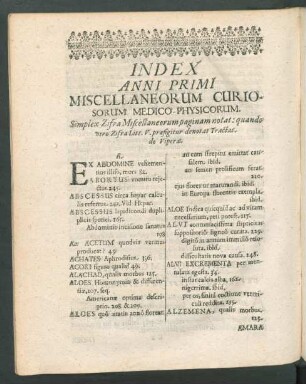 Index Anni Primi Miscellaneorum Curiosorum Medico-Physicorum.