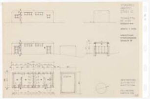Theater, Ios: Toilettengebäude: Ansichten, Schnitt, Grundriss 1:100