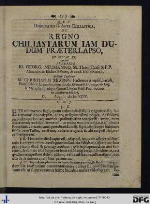 Disputatio II. Anti-Chiliastica, De Regno Chiliastarum Iam Dudum Praeterlapso, Ex Apocal. XX.