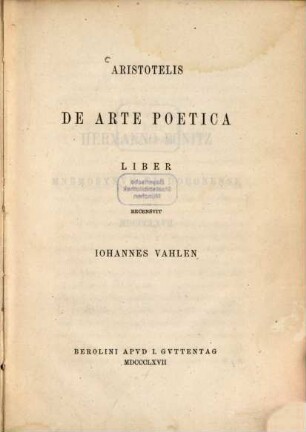 De arte poetica liber : Recensuit Johannes Vahlen