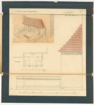 Erbbegräbnis Monatskonkurrenz Oktober 1909: Grundriss, Aufriss Seitenansicht; perspektivische Ansicht; Maßstabsleiste
