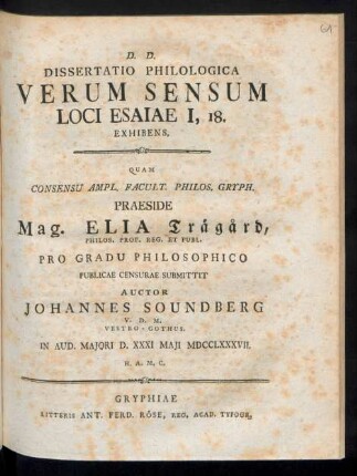 Dissertatio Philologica Verum Sensum Loci Esaiae I, 18. Exhibens