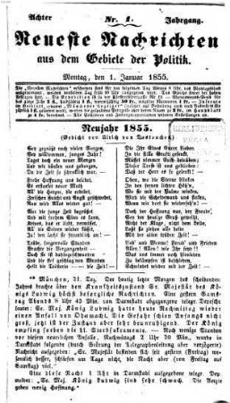 Neueste Nachrichten aus dem Gebiete der Politik. 1855 = Jg. 8, 1 - 3