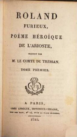 Roland furieux de l'Arioste : poëme heroïque, 1