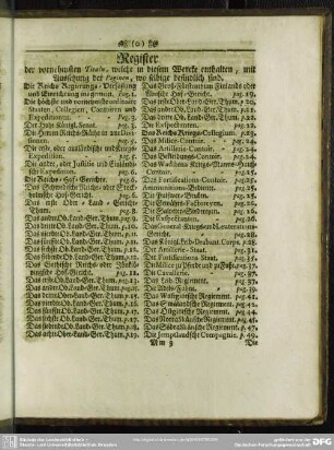 Register der vornehmsten Tituln, welche in diesem Wercke enthalten, mit Aussetzung der Paginen, wo selbige befindlich sind