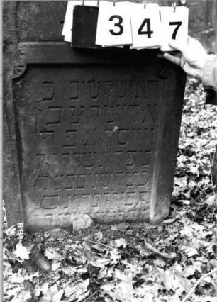 Grabstein 347 (Index: 99904469) Material: Sandstein Maße HxBxT: 96x57x9 cm Besonderheit: kulturhistorisch wertvoll / hist.-wiss. Gründe (Gemeindestellung): Grabstein 347 (Nachholaufnahme 1)
