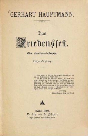 Das Friedensfest : eine Familienkatastrophe ; Bühnendichtung
