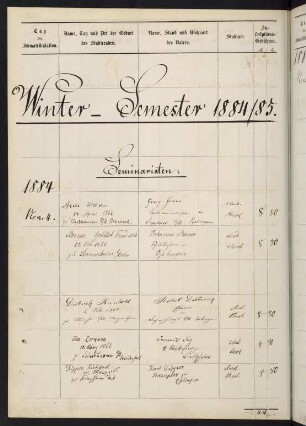 Wintersemester 1884/1885. Rektorat Oskar Bülow