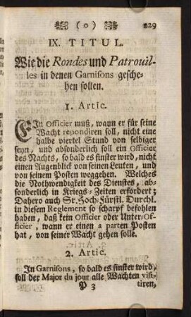 229-241, IX. Titul. Wie die Rondes und Patrouilles in denen Garnisons geschehen sollen.