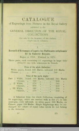 Catalogue of Engravings from Pictures in the Royal Gallery published by the General Direction Of The Royal Collections : (for sale by the Secretary of the Gallery, single and in volumes)