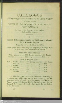 Catalogue of Engravings from Pictures in the Royal Gallery published by the General Direction Of The Royal Collections : (for sale by the Secretary of the Gallery, single and in volumes)