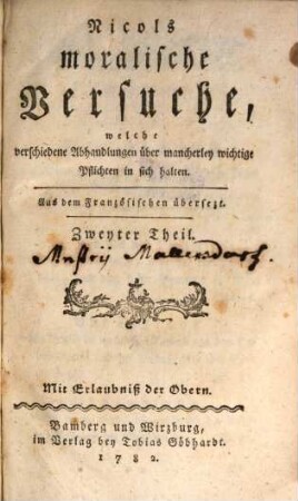 Nicols moralische Versuche, welche verschiedene Abhandlungen über mancherley wichtige Pflichten in sich halten, 2