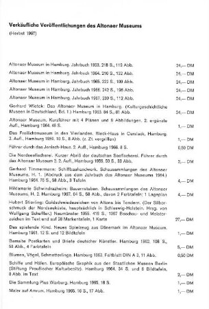 Verkäufliche Veröffentlichungen des Altonaer Museums (Herbst 1967)