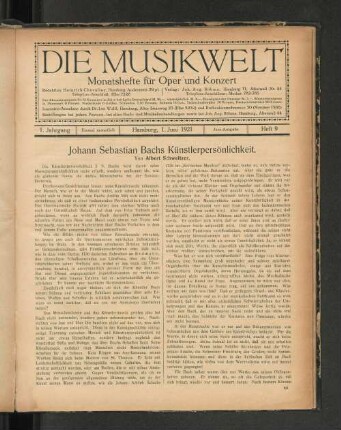 Johann Sebastian Bachs Künstlerpersönlichkeit. Von Albert Schweitzer.