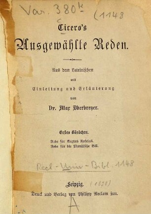 Ciceros Ausgewählte Reden, 1. Rede für Sextus Roscius
