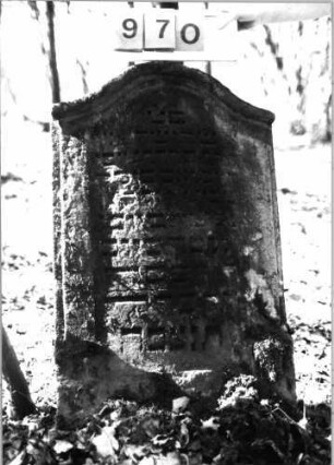 Grabstein 970 (Index: 99751399) Material: Sandstein Zustand: leicht verwittert Maße HxBxT: 105x62x13 cm Beschreibung: ädikulaart. Stele mit Pilastern, eingezog. Segmentbogenabschl. , Schrift eingetieft: Grabstein 970