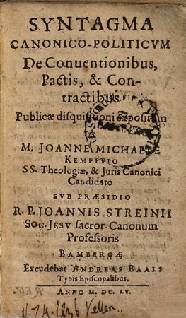 Syntagma canonico-politicum de conventionibus, pactis & contractibus