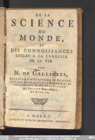 De La Science Du Monde, Et Des Connoissances Utiles A La Conduite De La Vie