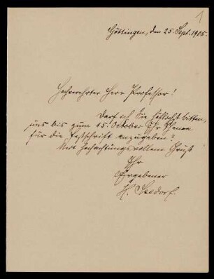 Nr. 1: Brief von Henrich Seedorf an Edward Schröder, Göttingen, 25.9.1905