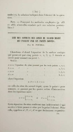Lieu des sommets des cones du second degré qui passent par six points donnés.