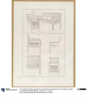 Vorbilder für Fabrikanten und Handwerker. Teil 2, Abteilung 2, Blatt 17: Entwurf für einen Armlehstuhl und ein Sofa