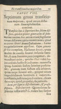 Caput VIII. Septimum genus transitionum maiorum, quod rerum dictarum Anacephalaeosim continet.