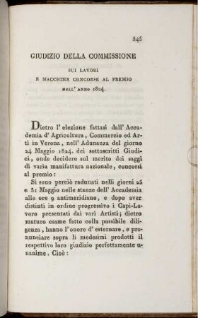 Giudizio della Commissione sui Lavori e Macchine Concorse al Premio nell' anno 1824.