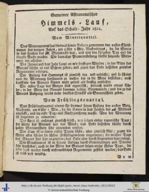 Gemeiner Astronomischer Himmels-Lauf, auf das Schalt-Jahr 1812.