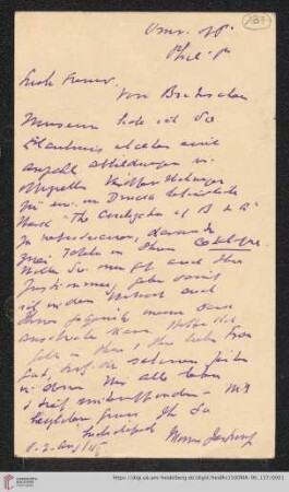 Briefe von Morris Jastrow an Carl Bezold: Karte von Morris Jastrow an Carl Bezold