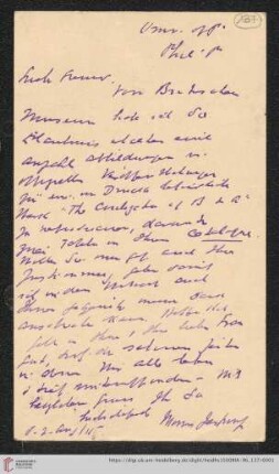 Briefe von Morris Jastrow an Carl Bezold: Karte von Morris Jastrow an Carl Bezold