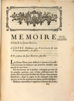 Mémoire pour la Dame Hatte : contre Mesdames de Vauvray de Vieuxmaisons, ses filles, en présence du Sieur Hatte, son fils