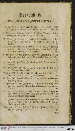 Verzeichniß des Inhalts des zweyten Bandes