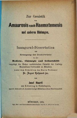 Zur Casuistik von Amaurosis nach Haematemesis und anderen Blutungen : Inaug. Diss.