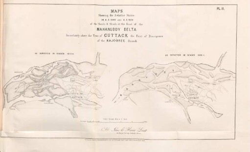 Pl. II. Maps showing the relative states in A.D. 1840 and A.D. 1855 of the sands & shoals at the head of the Mahanuddy Delta