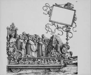 Wagen der Kantorei mit Kapellmeister Georg von Slatkonia und den Komponisten Ludwig Senfl (links vorn) und Heinrich Isaac (links hinten). Kapellknaben mit Nicodemus, Posaunenbläser mit Meister Steidel und Zinkenisten mit Meister Augustin im Wisentgespann (als Pflug mit niederem Festwagen der neun Musen und Apollo). Bildteil, Blatt 26