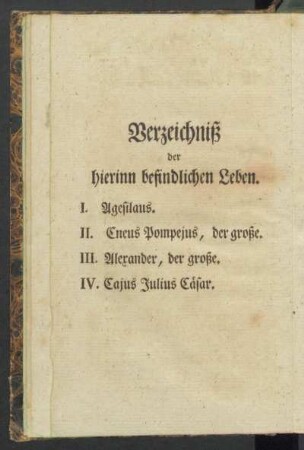 Verzeichniß der hierinn befindlichen Leben