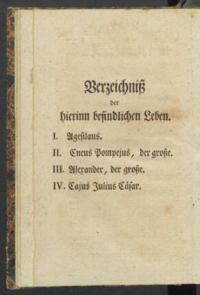 Verzeichniß der hierinn befindlichen Leben