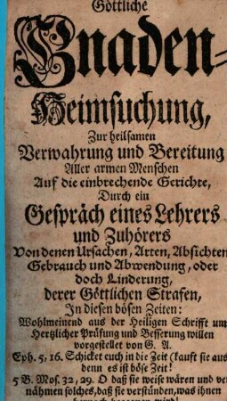 Göttliche Gnadenheimsuchung zu heilsamen Verwahrung und Bereitung aller armen Menschen auf die einbrechende Gerichte
