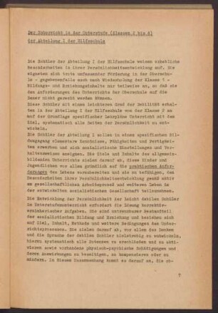 Der Unterricht in der Unterstufe (Klassen 2 bis 4) der Abteilung I der Hilfsschule