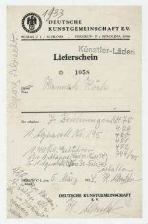 Lieferschein von der Deutschen Kunstgemeinschaft e. V. an Hannah Höch. Berlin