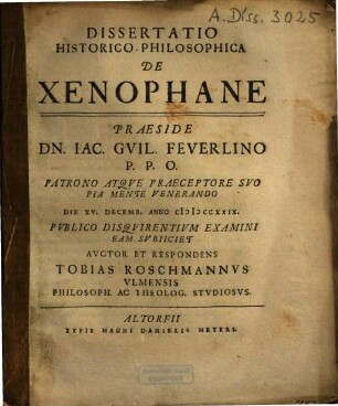 Dissertatio Historico-Philosophica De Xenophane