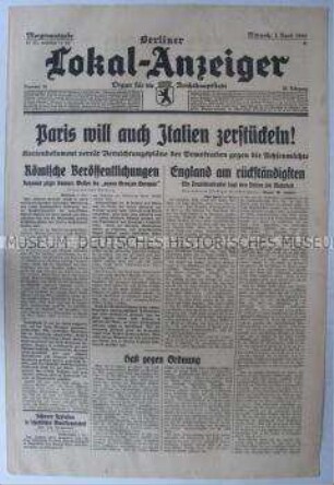 Tageszeitung "Berliner Lokal-Anzeiger" u.a. über die angebliche Pläne der Westmächte zur Aufteilung Europas nach Kriegsende