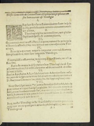Theses Generales de Coniunctione disciplinarum prophanarum seu humanarum & Theologiae