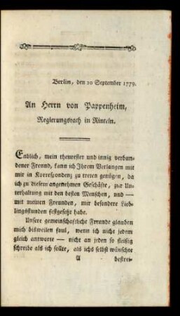 An Herrn von Pappenheim, Regierungsrath in Rinteln