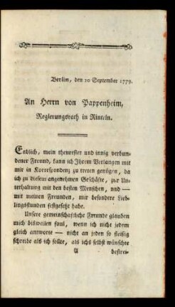 An Herrn von Pappenheim, Regierungsrath in Rinteln