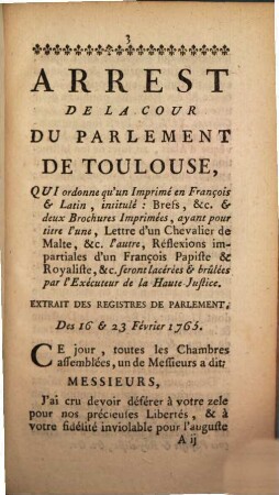 Arrest De La Cour Du Parlement De Toulouse. Des seize & vingt-trois Février 1765