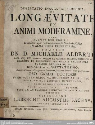 Dissertatio Inauguralis Medica, De Longaevitate Ex Animi Moderamine
